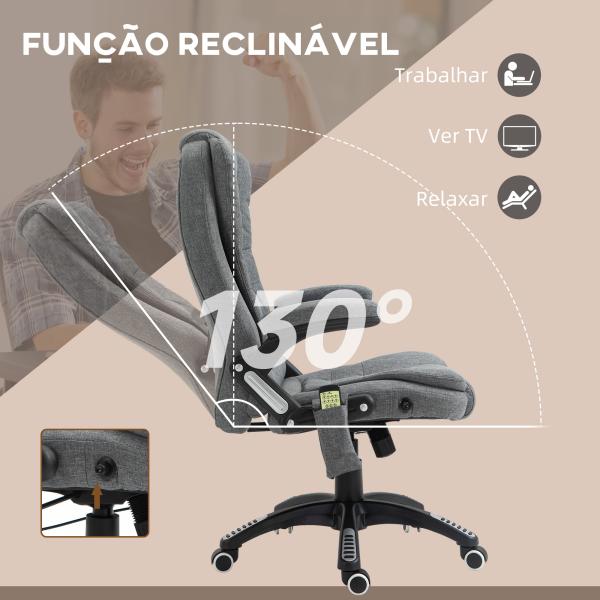 Cadeira de Escritório com 6 Pontos de Massagem Reclinável até 130° com Função de Aquecimento 68x72x110 - 120 cm Cinza
