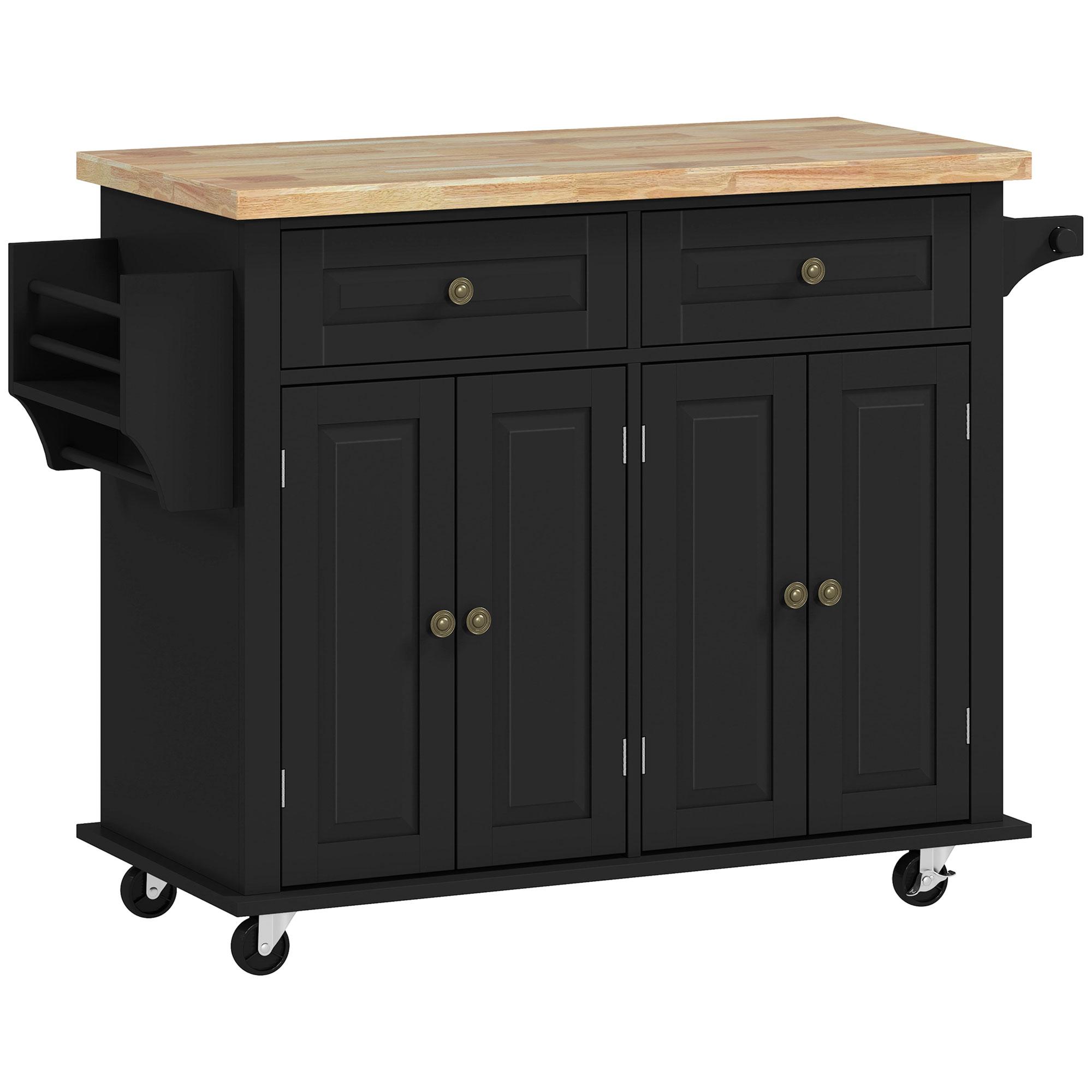 Ilha de Cozinha com Rodas 2 Gavetas 4 Portas Suporte para Temperos e Barra Lateral 111x44,5x82,5 cm Preto e Madeira