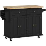 Ilha de Cozinha com Rodas 2 Gavetas 4 Portas Suporte para Temperos e Barra Lateral 111x44,5x82,5 cm Preto e Madeira