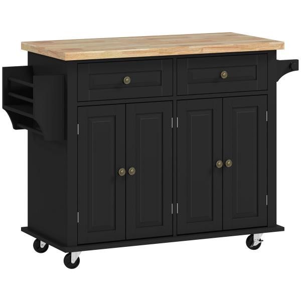 Ilha de Cozinha com Rodas 2 Gavetas 4 Portas Suporte para Temperos e Barra Lateral 111x44,5x82,5 cm Preto e Madeira
