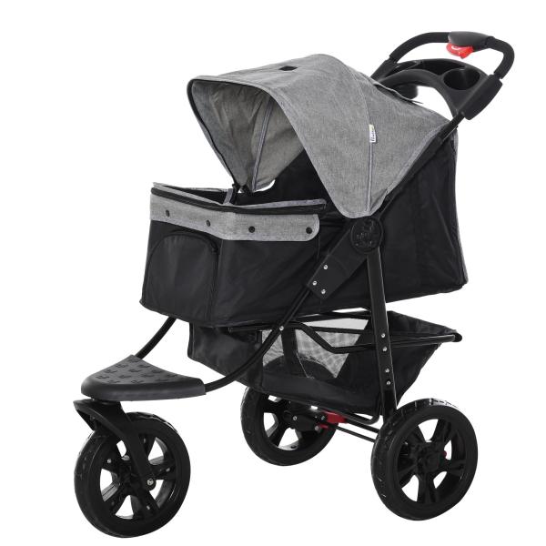Carrinho de animais de estimação dobrável com rodas Correias de segurança e cesto de armazenamento 109,5x57,5x106,5 cm Cinza e preto