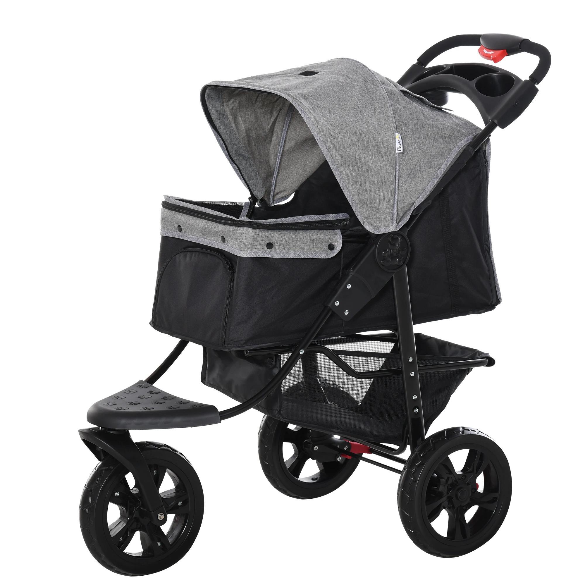 Carrinho de animais de estimação dobrável com rodas Correias de segurança e cesto de armazenamento 109,5x57,5x106,5 cm Cinza e preto
