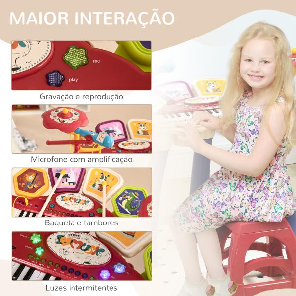 Piano Eletrónico para Crianças com 32 Teclas Microfone Banco Luzes 19 Músicas e Bateria 74x32,2x71 cm Multicor