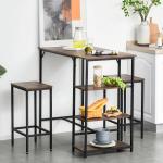 Conjunto de mesa de bar e 2 bancos com apoio para os pés e prateleiras de 3 níveis 109x60x100 cm marrom rústico