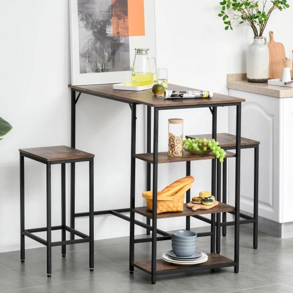 Conjunto de mesa de bar e 2 bancos com apoio para os pés e prateleiras de 3 níveis 109x60x100 cm marrom rústico