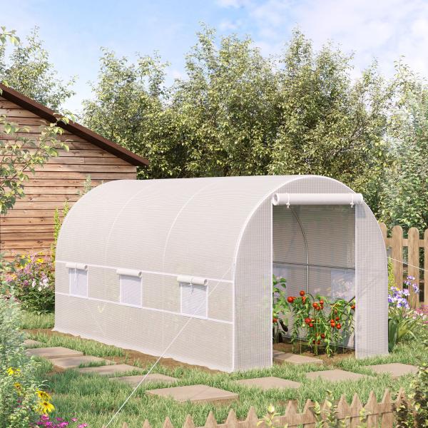 Estufa Tipo Túnel 400x200x200cm Estufa de Jardim com Portas Enroláveis e 6 Janelas Cobertura de PE 140 g/m² Estrutura de Metal para Cultivo de Plantas Verduras Branco