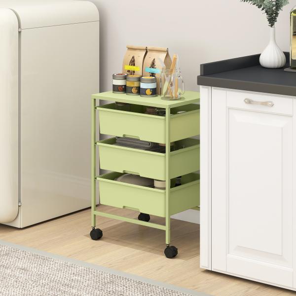 Carrinho Auxiliar com Rodas Carrinho de Cozinha de 3 Níveis com 3 Cestos e Estrutura de Aço 40,8x33,5x60,5 cm Verde