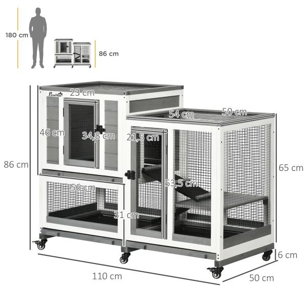 Coelheira de Madeira Interior Gaiola para Coelhos de 2 Níveis com Rodas 2 Rampas 3 Bandejas Amovíveis 110x50x86 cm Cinza