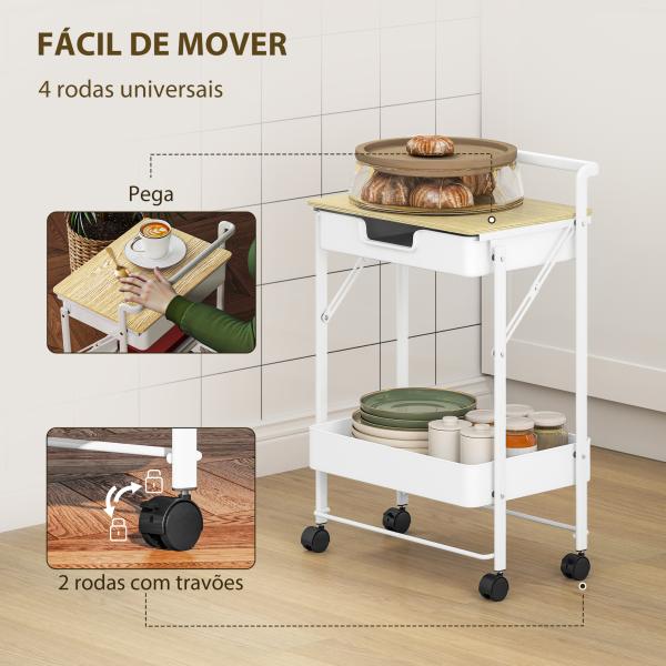 Carrinho Auxiliar com Rodas de 2 Níveis Carrinho de Cozinha com 1 Gaveta e 1 Cesto Carrinho Organizador 45x29,5x68 cm Branco