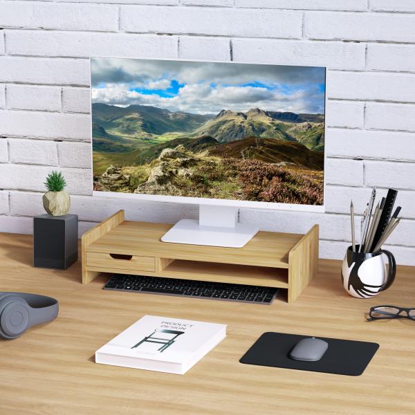 Suporte para Monitor de Bambu Organizador de Escritório para Monitor Portátil 48x25,5x11,5 cm Madeira
