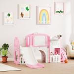 Escorrega Infantil 7 em 1 para Crianças Tema de Sapo com Aro de Basquetebol Túnel Quadro Telescópio de Brincar Trepador 176x150x94 cm Rosa