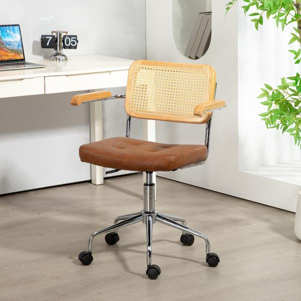 Cadeira de Escritório Giratória com Altura Ajustável Função Basculante e Encosto de Vime Sintético 60x55,5x82 - 90 cm Marrom