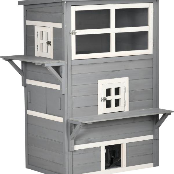 Casa para Gatos de Madeira Exterior Casa Grande para Gatos de 3 Andares com Múltiplas Entradas Janelas e 2 Plataformas para Terraço Balcão Jardim 98x68,5x122cm Cinza