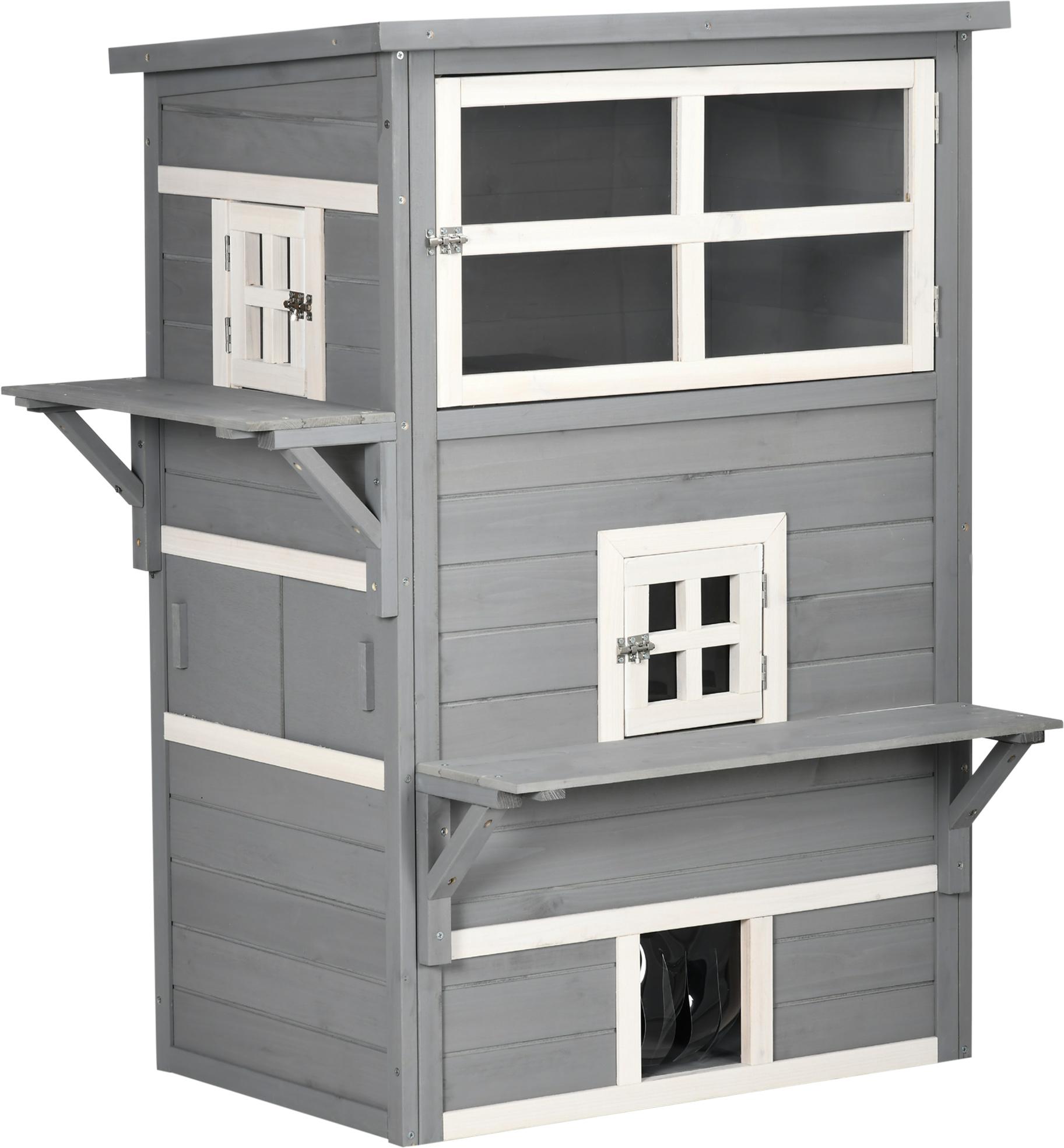 Casa para Gatos de Madeira Exterior Casa Grande para Gatos de 3 Andares com Múltiplas Entradas Janelas e 2 Plataformas para Terraço Balcão Jardim 98x68,5x122cm Cinza