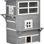 Casa para Gatos de Madeira Exterior Casa Grande para Gatos de 3 Andares com Múltiplas Entradas Janelas e 2 Plataformas para Terraço Balcão Jardim 98x68,5x122cm Cinza