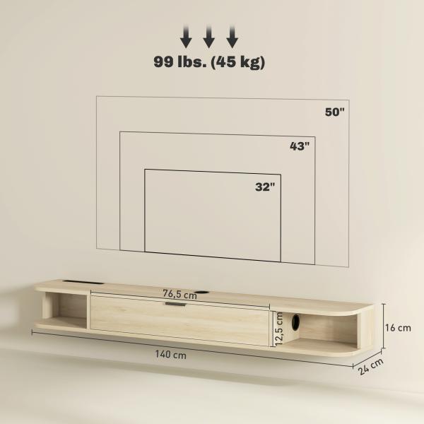 Móvel de TV Suspenso com Orifício para Cabos Estilo Moderno para Televisão 60 Polegadas 140x24x16 cm Madeira