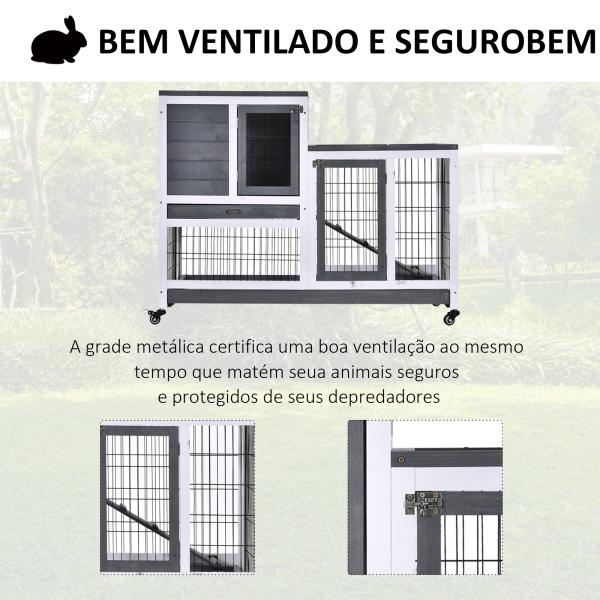 Coelheira de Madeira Interior com Rodas Gaiola para Coelhos Animais Pequenos de 2 Pisos com Zona Aberta Rampa e 2 Bandejas Removíveis 110x50x86cm Cinza