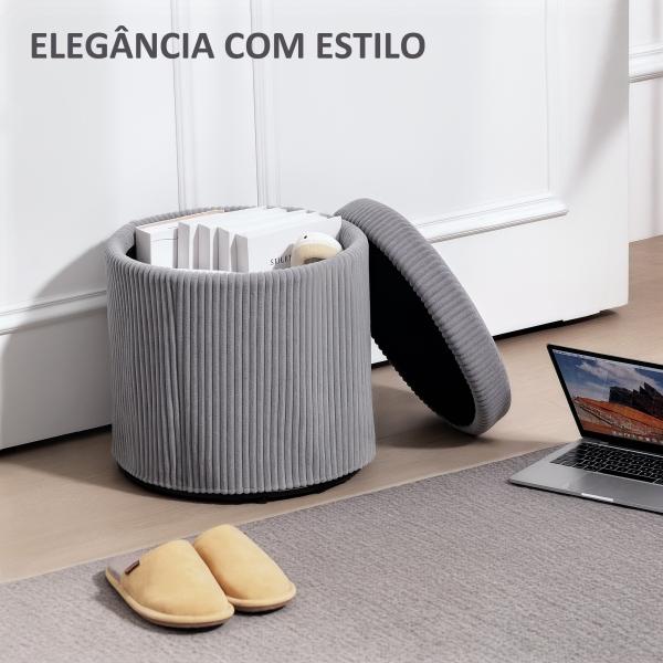 Puff de Arrumação Baú de Arrumação Redondo Estofado em Veludo Cotelê Tampa Removível Ø40x41 cm Cinza Claro