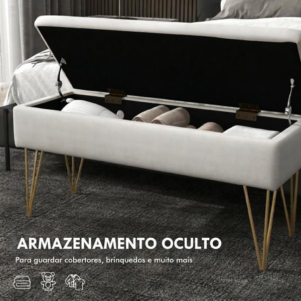 Banco para Pé de Cama Estofado em Tecido Sintético com Pernas de Aço e Assento Acolchoado 100x40x49 cm Creme