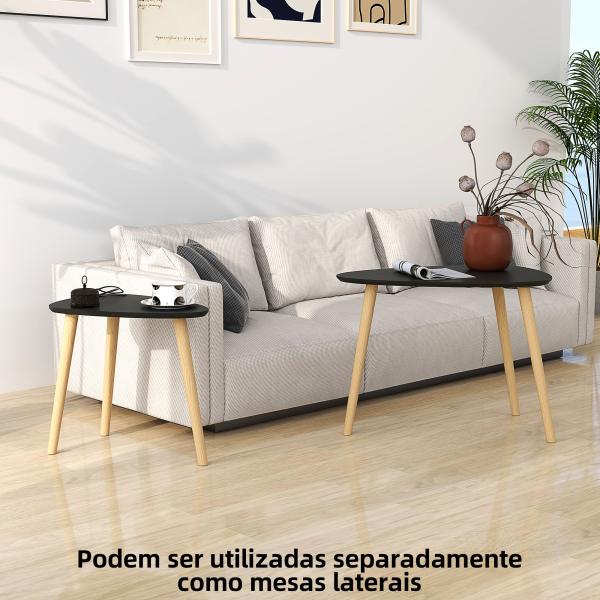 Conjunto de 2 Mesas Auxiliares com Pés de Madeira Mesas de Café 59,5x39,5x45 cm e 44,5x28,5x40 cm Preto