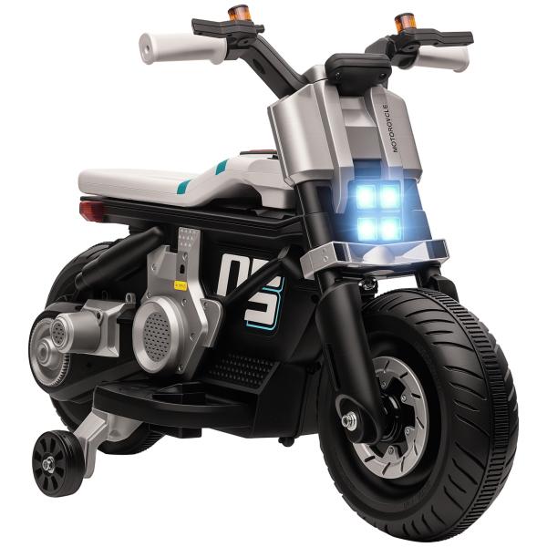 Mota Elétrica Infantil 6V com Farol Música Buzina Velocidade 3km/h Avance e Retrocesso 86x44x58cm Preto e Branco