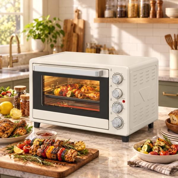 Forno Elétrico de Bancada 32L 1600W com 3 Modos de Calor, Temporizador e Temperatura Regulável, 52,2x38,1x33,5 cm, Creme
