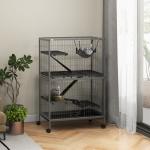 Gaiola para Roedores 80x52x128 cm Casa de 4 Alturas com Rampas Suspensa Rede Bandeja Removível Rodas Cinza Prateado