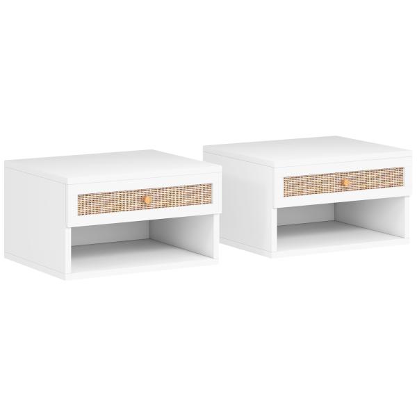 Conjunto de 2 Mesas de Cabeceiras Suspensas com Compartimento Aberto e Gaveta com Frente em Vime 40x34x23 cm Branco