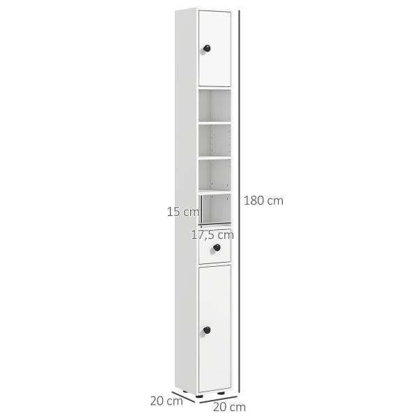 Coluna Casa de Banho Moderna com 1 Gaveta 5 Prateleiras Ajustáveis e 2 Armários 20x20x180 cm Branco