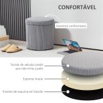 Puff de Arrumação Baú de Arrumação Redondo Estofado em Veludo Cotelê Tampa Removível Ø40x41 cm Cinza Claro