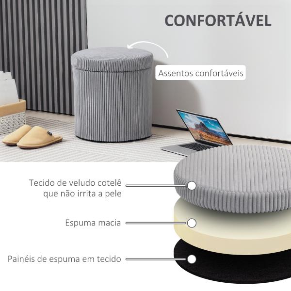 Puff de Arrumação Baú de Arrumação Redondo Estofado em Veludo Cotelê Tampa Removível Ø40x41 cm Cinza Claro