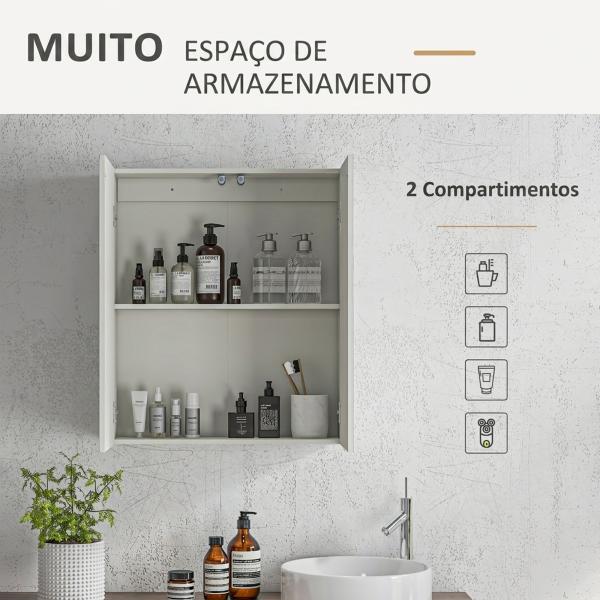 Armário de Casa de Banho com Espelho de Parede com 2 Portas e Prateleira Ajustável Fecho Suave 60x15x70 cm Branco
