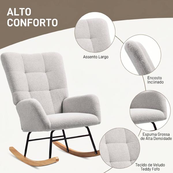 Cadeira de Baloiço em Veludo Teddy com Apoios de Braços, Acolchoamento Espesso e Pés de Madeira, Cinzento - Claro