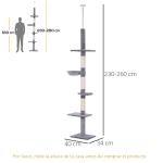 Árvore Arranhadora para Gatos Arranhador para Fixar ao Teto Altura Ajustável com Plataformas Poste de Sisal 40x34x230 - 260cm Cinza