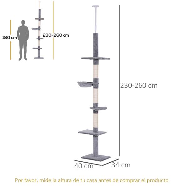 Árvore Arranhadora para Gatos Arranhador para Fixar ao Teto Altura Ajustável com Plataformas Poste de Sisal 40x34x230 - 260cm Cinza