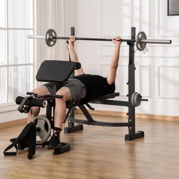 Banco de Musculação Multifuncional Banco de Pesos com Encosto Inclinável e Suporte de Barras com Altura Ajustável para Treinamento do Corpo Completo 187x140x117 - 136cm Preto