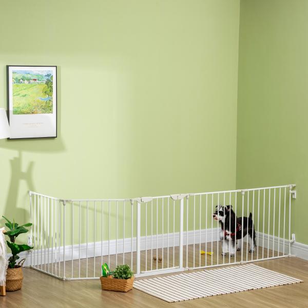 Barreira de Segurança para Animais de Estimação Barreira Dobrável de 5 Painéis com Fechadura Inteligente 300x74,5 cm Branco