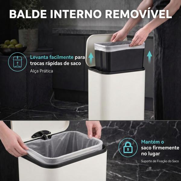 Caixote do Lixo de Cozinha 20 L em Aço Galvanizado com Tampa de Fecho Suave Pedal Balde Interior Amovível e Acabamento Anti - impressões Digitais Creme