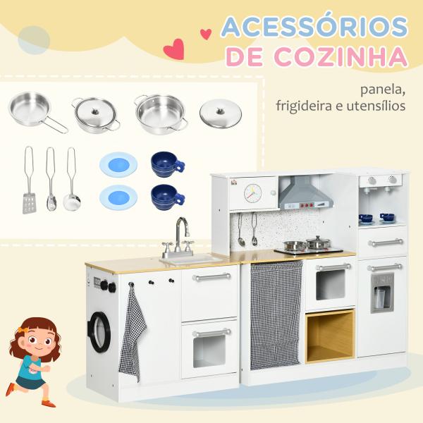 Cozinha Infantil de Madeira Cozinha para Crianças acima de 3 Anos com Luz Sons Máquina de Café Frigorífico Lavatório Branca