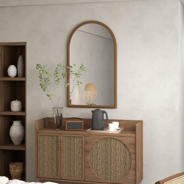 Espelho de Parede 65x110 cm com Moldura de Madeira em Forma de Janela Espelho Decorativo para Sala Quarto Castanho Escuro