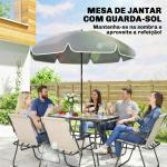 Conjunto de Mesa e Cadeiras de Jardim de 8 Peças com Chapéu de Sol 6 Cadeiras Dobráveis e Mesa de Vidro Creme e Cinza