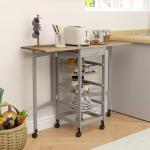 Carrinho Auxiliar Dobrável Carrinho de Cozinha com 6 Rodas 1 Gaveta e 3 Cestos de Metal 97,2x37x77,5 cm Cinza e Carvalho