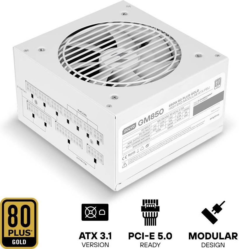 Fonte de Alimentação ATX GM850 850W 80 Plus Gold Full Modular Branca - ZOLYD