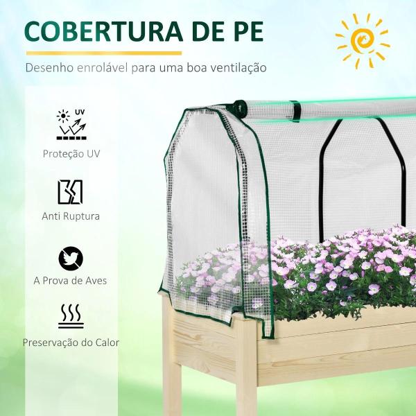 Horta Vertical Elevada de Madeira 121x55x117cm com Cobertura de Proteção Mesa de Jardinagem para Cultivo de Flores Vegetais e, Jardim Terraço Madeira Natural