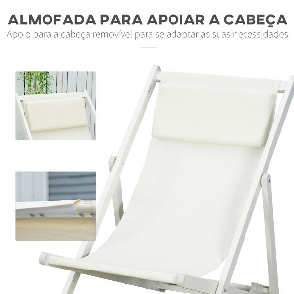 Conjunto de 2 Espreguiçadeiras Dobráveis de Alumínio com Encosto Ajustável em 5 Posições e Apoio de Cabeça 60x100x85 cm Branco