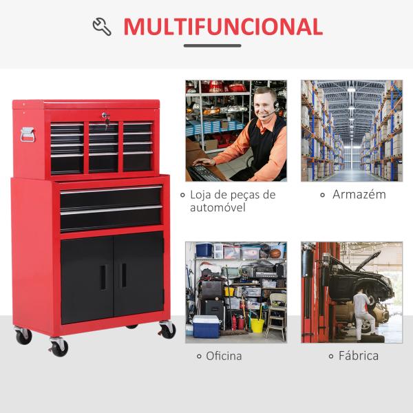 Carrinho de Ferramentas com Baú Superior 6 Gavetas Armário Fechadura e 4 Ganchos para Garagem 61,6x33x108 cm Vermelho