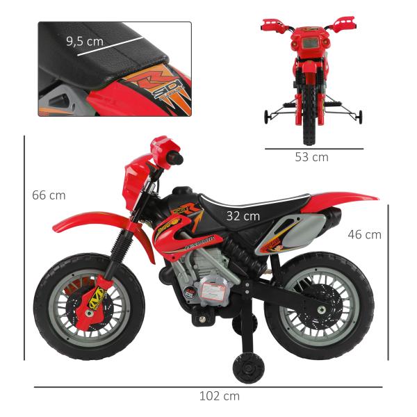 Mota Elétrica para Crianças Bateria 6V para Crianças acima de 3 Anos com Rodas de Apoio 102x53x66 cm Vermelho e Preto