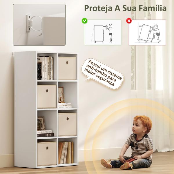 Estante Cubo Estante de Armazenamento Horizontal ou Vertical com 8 Compartimentos e 4 Gavetas de Tecido 53,7x30x79,8 cm Branco e Bege