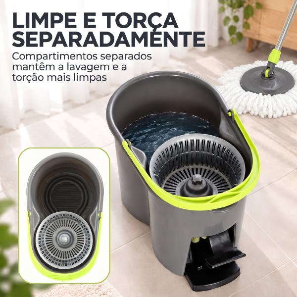 Conjunto de Esfregona e Balde com Espremedor 2 Compartimentos Balde de 20 L 5 Mopas de Microfibra Uso a Seco e Húmido Cinza Escuro