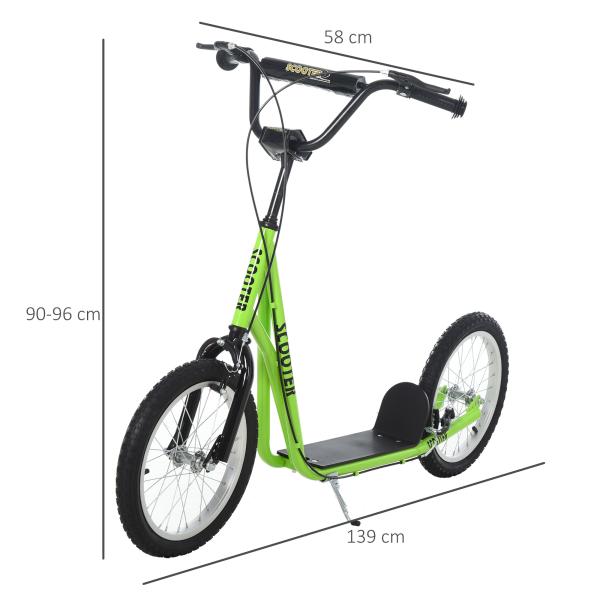 Trotinete com Guiador Ajustável 2 Pneus de Borracha Insufláveis com Travagem Dupla e Rodas 16" 139x58x90 - 96 cm Verde